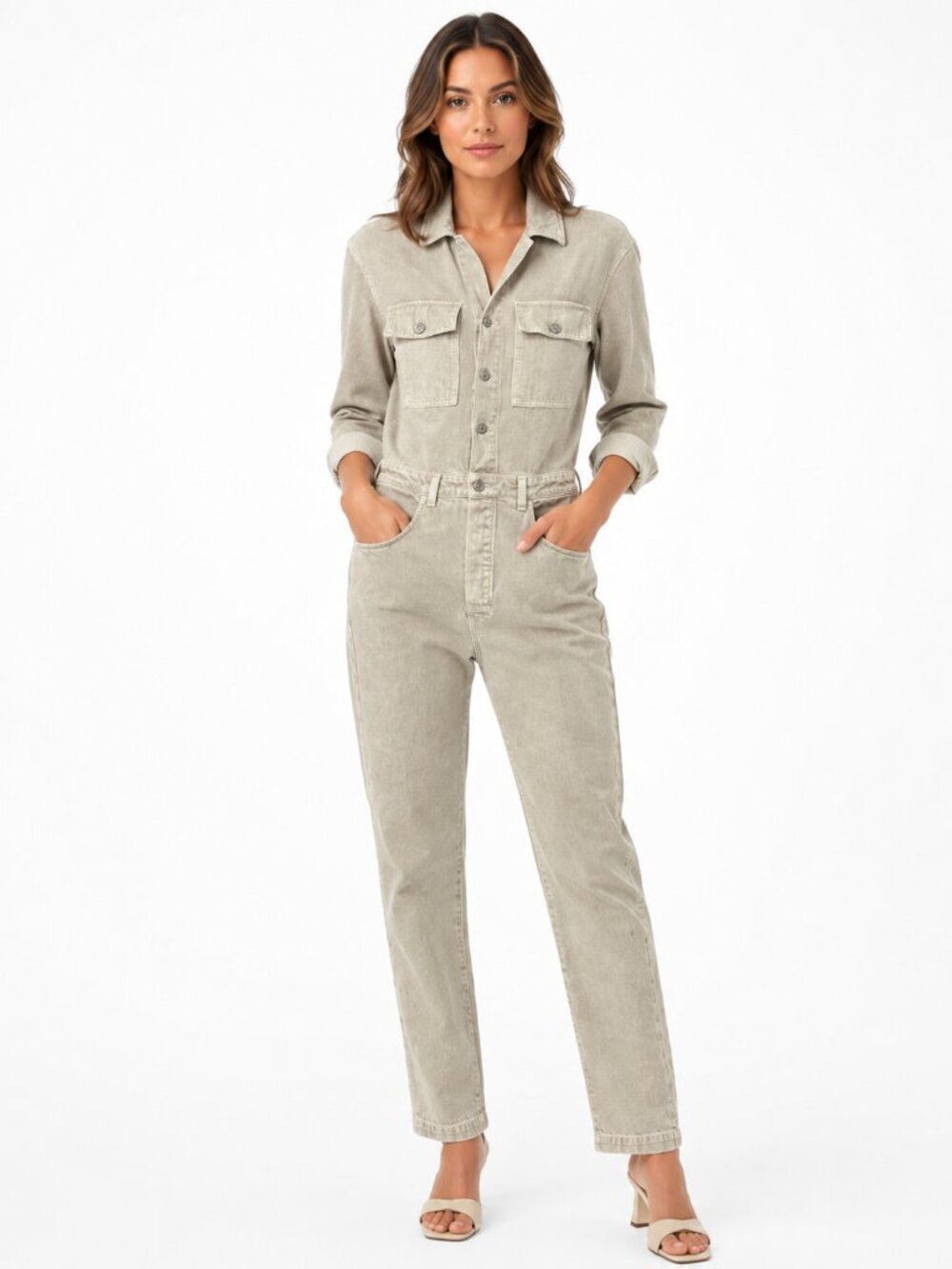 Citizens of Humanity Denim Jumpsuit Sandy Beige Button Down Long Sleeve Size S